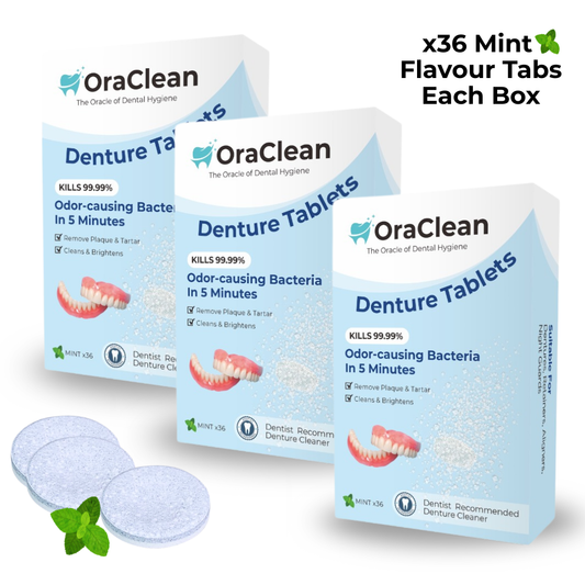 OraClean denture tablets packaging with mint flavor symbol on a white background